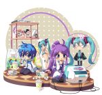  angry bikini blood blue_eyes blue_hair book console dakimakura_(object) green_eyes green_hair hatsune_miku kagamine_rin kaito kamui_gakupo long_hair merchandise nosebleed pillow ponytail purple_hair shelf swimsuit television tissue_box trashcan twintails vocaloid xbox_360 