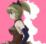  bare_shoulders blonde_hair bow breasts brown_eyes dress elbow_gloves gloves hair_bow hair_up jade_(jyade) kurodani_yamame large_breasts ponytail short_hair solo the_iron_of_yin_and_yang touhou 