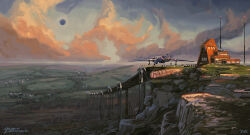  2others absurdres aircraft airplane ambiguous_gender artist_name building cliff clouds cloudy_sky commentary day english_commentary field grass highres landscape mogwai multiple_others original outdoors painterly quiet_victories runway scenery signature sky wide_shot 