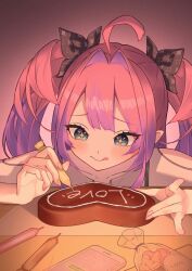  +_+ 1girl ahoge bag_of_cookies black_bow bow candy cellphone chocolate chocolate_making cookie food food_writing hair_bow hair_intakes heart heart-shaped_chocolate heart-shaped_cookie heart-shaped_food holding holding_chocolate holding_food hololive hololive_dev_is icing kikirara_vivi multicolored_hair notification pastry_bag phone pink_background pink_hair purple_hair smartphone takoage tongue tongue_out 
