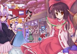  alice_margatroid bad_id bow broom chain chains chen cherry_blossoms cirno cloud dress eating food food_stand fruit geta hair_bow hakurei_reimu hat horns ibuki_suika icywood kirisame_marisa konpaku_youmu looking_back mystia_lorelei reisen_udongein_inaba saigyouji_yuyuko shameimaru_aya shanghai shanghai_doll sky smow2003 tengu-geta torii touhou tree watermelon wings witch_hat yakumo_ran yakumo_yukari yatai 