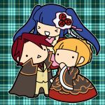  blonde_hair blue_hair chibi dress flower formal furudo_erika hair_ornament kashiwa_kiseri lowres red_hair redhead ribbon rose umineko_no_naku_koro_ni ushiromiya_battler 