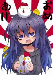  1girl :d akeome animal animal_on_head baby_animal bird blue_eyes blue_hair blush chick chicken collarbone commentary_request fang grey_sweater hair_between_eyes happy_new_year holding holding_animal holding_bird kisaragi_kaya long_hair long_sleeves new_year on_head open_mouth original red_background sidelocks smile solo sunburst sunburst_background sweater upper_body 