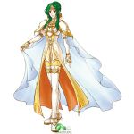  1girl armor boots brown_eyes cape closed_mouth elincia expressionless female fingerless_gloves fire_emblem fire_emblem_path_of_radiance full_body gloves green_hair hair_bun hair_up highres official_art simple_background solo standing thigh-highs thigh_boots tiara watermark white_background 
