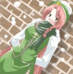  artist_request braid china_dress chinese_clothes fuyusaka_kaina green_eyes hat hong_meiling pink_hair scarf snow touhou twin_braids 