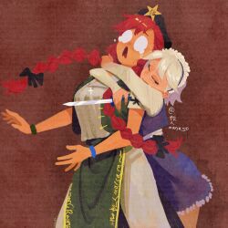  2girls absurdres beret black_bow blue_skirt blue_vest bow braid brown_background chinese_commentary commentary_request dress frilled_dress frills green_hat green_skirt green_vest grey_hair grmarsa hat hat_ornament height_difference highres holding holding_knife hong_meiling hug hug_from_behind izayoi_sakuya knife long_hair long_sleeves maid maid_headdress multiple_girls open_clothes open_vest pants pelvic_curtain red_hair scared shirt side_slit skirt star_(symbol) star_hat_ornament touhou twin_braids very_long_hair vest white_pants white_shirt yuri 