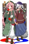  atuuy blush boots braid eating hat heart hong_meiling izayoi_sakuya multiple_girls scarf snow star sukage touhou winter_clothes 
