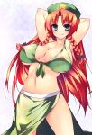  arms_up bad_id bikini_top blue_eyes braid breasts front-tie_top hat highres hong_meiling kagetsu_kei large_breasts long_hair red_hair redhead touhou twin_braids 