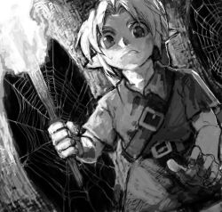  1boy aoki_(fumomo) bad_drawr_id bad_id belt belt_buckle buckle cave_interior closed_mouth curtained_hair fire frown greyscale holding holding_torch link looking_at_viewer male_focus monochrome pointy_ears short_hair short_sleeves silk solo spider_web the_legend_of_zelda torch tunic 