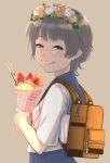  bag black_hair brown_eyes crepe desert dessert flat-san flower food fruit grin hair_flower hair_ornament head_wreath highres pocky school_uniform seiyuu_connection serafuku short_hair smile strawberry to_aru_kagaku_no_railgun to_aru_majutsu_no_index toyosaki_aki uiharu_kazari 