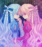  blue_eyes blue_hair bow dress frills long_hair multiple_girls nano00 original pink_eyes pink_hair siblings smelling twins very_long_hair 
