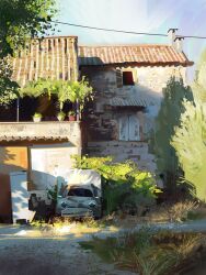  absurdres antique_car archdrawsalot awning building car chimney dirt_road grass highres house motor_vehicle no_humans original outdoors plant potted_plant power_lines road scenery sky tree window 