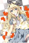  alice_in_wonderland bad_id blonde_hair blue_eyes bunny card card_in_mouth cards checkered dress highres long_hair lying_card mouth_hold rabbit takaoto thigh-highs thighhighs 