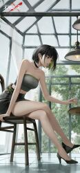  1girl bare_shoulders black_hair choker crossed_legs high_heels highres lisa_(path_to_nowhere) long_legs midriff miniskirt non-web_source path_to_nowhere short_hair sitting skirt solo strapless_top 