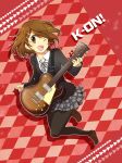 brown_hair checkered checkered_background guitar hirasawa_yui instrument k-on! legs matsyumaro pantyhose school_uniform short_hair solo wink 