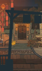  architecture building chair chinese_commentary commentary_request dark_foreground door east_asian_architecture firewood gate grass hanxiaodan lantern lovebrush_chronicles night no_humans official_art outdoors paper_lantern pavement plant road scenery street tray vines wooden_chair 