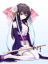  brown_hair chinese_clothes detached_sleeves flower highres obi sangokushi_taisen sitting solo sword thigh-highs thighhighs wariza weapon yuuki_kira 