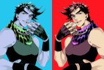  2boys black_hair blue_eyes brown_eyes brown_hair dual_persona fingerless_gloves gloves jojo_no_kimyou_na_bouken joseph_joestar_(young) mask multiple_boys orange_eyes reflection s_gentian scarf 