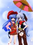  bandana blue_eyes blue_hair chaps cowboy cowboy_hat furude_rika gun hanyuu hat highres higurashi_no_naku_koro_ni horns long_hair sib sleeves_rolled_up umbrella vest weapon western 