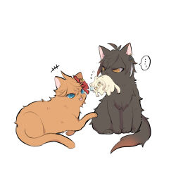  1girl 2boys animal animal_focus animalization blue_eyes brown_fur cat genshin_impact hair_ornament highres lumine_(genshin_impact) multiple_boys nasuka_gee no_humans orange_fur simple_background speech_bubble tartaglia_(genshin_impact) white_background white_fur yellow_eyes zhongli_(genshin_impact) 
