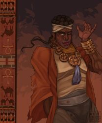  araki_hirohiko_(style) black_hair brown_eyes camel dark-skinned_male dark_skin egyptian egyptian_clothes fire frame gold jjba jojo&amp;#039;s_bizarre_adventure jojo&amp;#039;s_bizarre_adventure mohammed_avdol mohammed_avdol witerdoe 