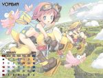  2010 backpack bag bird blonde_hair blue_eyes boots building calendar canyon cloud clouds gloves goggles pink_hair planet pop scenery short_hair yomban 