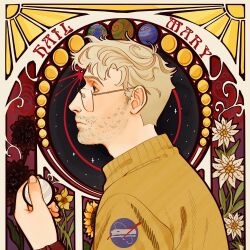  1boy astronaut beard casual facial_hair galaxy glasses highres im_amarka in_orbit logo messy_hair nasa nasa_logo project_hail_mary round_eyewear ryland_grace space 