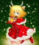  antlers bell blonde_hair blue_eyes boots capelet christmas elbow_gloves gift gloves holding holding_gift nano00 original reindeer_ears snow solo 
