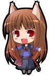  animal_ears blush_stickers boots brown_hair chibi fang holo long_hair lowres outstretched_arms pac-man_eyes red_eyes skirt smile spice_and_wolf spread_arms suntail wolf_ears 