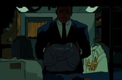  1boy bag black_necktie black_suit blue_suit business_suit carl_(project_hail_mary) collared_shirt commentary dark-skinned_male dark_skin english_commentary formal_clothes highres jacket necktie pant_suit pants project_hail_mary shirt shmooseee suit suit_jacket 