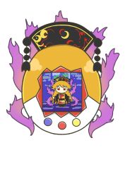  1girl 39rolling_girl black_dress buttons commentary_request crescent_print dalachi_(headdress) dress energy highres junko_(touhou) lcd phoenix_print pixel_art pom_pom_(clothes) red_tabard solo tabard tamagotchi touhou virtual_pet_(toy) white_background wide_sleeves 