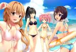  beach bikini black_hair blush breast_envy breasts brown_eyes brown_hair cleavage cloud clouds edomae_lunar front-tie_top hair_ornament hairclip hakka0320 innertube long_hair navel ocean pink_eyes pink_hair ponytail seto_no_hanayome seto_san seto_sun shiranui_akeno short_hair side-tie_bikini sky staring_at_breasts swimsuit twintails umbrella water zenigata_mawari 