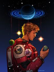 1boy alien astronaut beard beard_stubble commentary english_commentary eridian facial_hair galaxy highres in_orbit logo messy_hair nasa nasa_logo project_hail_mary rocky_(project_hail_mary) ryland_grace scaredssacred space spacesuit stubble 