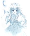  blue feathers kamio_misuzu long_hair monochrome ponytail ribbon school_uniform shi@yu simple_background sketch white_background 