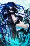  black_rock_shooter black_rock_shooter_(character) blue_eyes blue_hair chain chains fence gloves glowing glowing_eyes highres midriff navel scar shorts solo takakyo weapon 