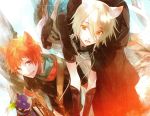  animal_ears apple blond blue_eyes book-bag books boy carry coat highres hold kazuaki lamento male orange_eyes orange_hair t-shirt white_hair 