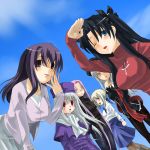  6girls artoria_pendragon_(all) black_hair blonde_hair blue_eyes caren_ortensia fate/hollow_ataraxia fate/stay_night fate_(series) green_eyes illyasviel_von_einzbern matou_sakura medusa_(fate)_(all) pantyhose purple_eyes purple_hair red_eyes ribbon rider saber shinkun siblings silver_hair sisters sky tohsaka_rin toosaka_rin twintails violet_eyes white_hair yellow_eyes 