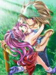  1girl angela armor blush couple duran green_eyes hug long_hair nakamasomo ponytail purple_hair seiken_densetsu seiken_densetsu_3 sword weapon 