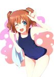  1girl blue_eyes brown_hair idolmaster one-piece_swimsuit open_mouth school_swimsuit short_hair smile solo swimsuit takatsuki_yayoi towel twintails 
