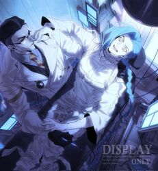 1boy 1girl arcane:_league_of_legends arcane_jinx blue_hair braid collared_shirt commentary doctor english_text garasumado glasses highres holding jinx_(league_of_legends) league_of_legends necktie pink_eyes shirt silco_(arcane) straitjacket twin_braids watermark wrinkled_skin 