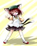  animal_ears apron blush blush_stickers brown_hair cat_ears cat_tail chen closed_eyes contemporary hand_on_hip hands hat highres kneehighs multiple_tails open_mouth school_uniform simple_background socks solo standing tail touhou yume_shokunin 