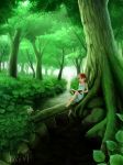 book brown_hair dress forest kajiji nature original reading scenery short_hair sitting solo stream water white_dress 