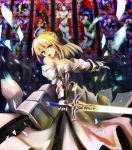  armor armored_dress blonde_hair caliburn cathedral church dress fate/stay_night fate/unlimited_codes fate_(series) faulds green_eyes highres kekkyojin ponytail ribbon saber saber_lily solo sword weapon 