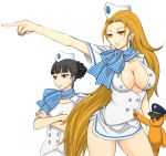  black_hair blonde_hair blue_eyes breasts capcom chikage36 cleavage crossed_arms doll empty_eyes flight_attendant gyakuten_kenji gyakuten_saiban hat konomichi_ichiru large_breasts long_hair multiple_girls orange_eyes pointing shiraoto_wakana simple_background stuffed_animal stuffed_toy teddy_bear uniform very_long_hair white_background 