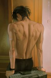  1boy ajeotti art_study bandaid black_pants bracelet carrier commentary cowboy_shot earrings from_behind half_updo highres indoors jewelry lying necklace on_back original pants photo-referenced scar scar_on_back silver_earrings silver_necklace sitting watch 