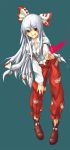  bow fire fujiwara_no_mokou grin hair_bow long_hair pointing red_eyes silver_hair smile solo sun_(be-there) suspenders touhou white_shirt 