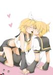  bad_id blonde_hair blue_eyes brother_and_sister chocolate hair_ornament hair_ribbon hairclip heart incest incipient_kiss kagamine_len kagamine_rin mouth_to_mouth_feeding ribbon short_hair shorts siblings sitting twincest twins vocaloid yaichi_(reverie) 