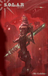 absurdres artist_name chinese_commentary commentary_request copyright_name from_side full_body hand_up highres holding holding_weapon looking_up machine mr_goblin original rain red_background red_theme robot standing weapon 