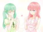  blue_eyes closed_eyes dress eyes_closed green_hair hatsune_miku heart long_hair megurine_luka multiple_girls omu_(omu929) pink_hair red_string simple_background string vocaloid 