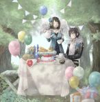 belt black_hair bread cake closed_eyes cup decimal_(j_decimal) eyes_closed final_fantasy final_fantasy_viii flower food forest fur_collar gift jewelry nature necklace rinoa_heartilly rose squall_leonhart teacup teapot tree wings 